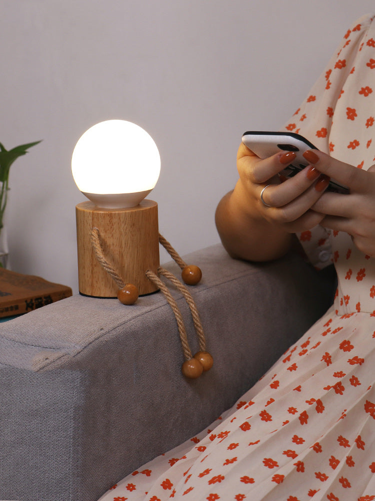 Whimsical Wooden Man Lamp: Rechargeable Night Light