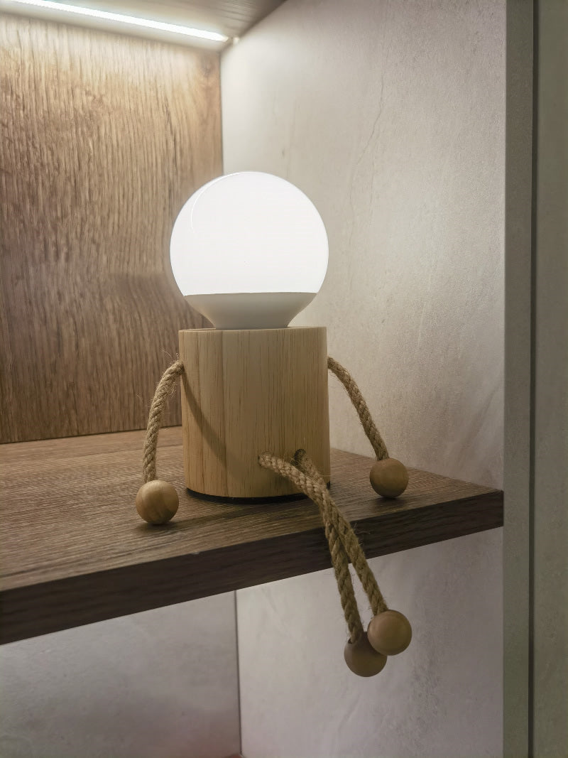 Whimsical Wooden Man Lamp: Rechargeable Night Light