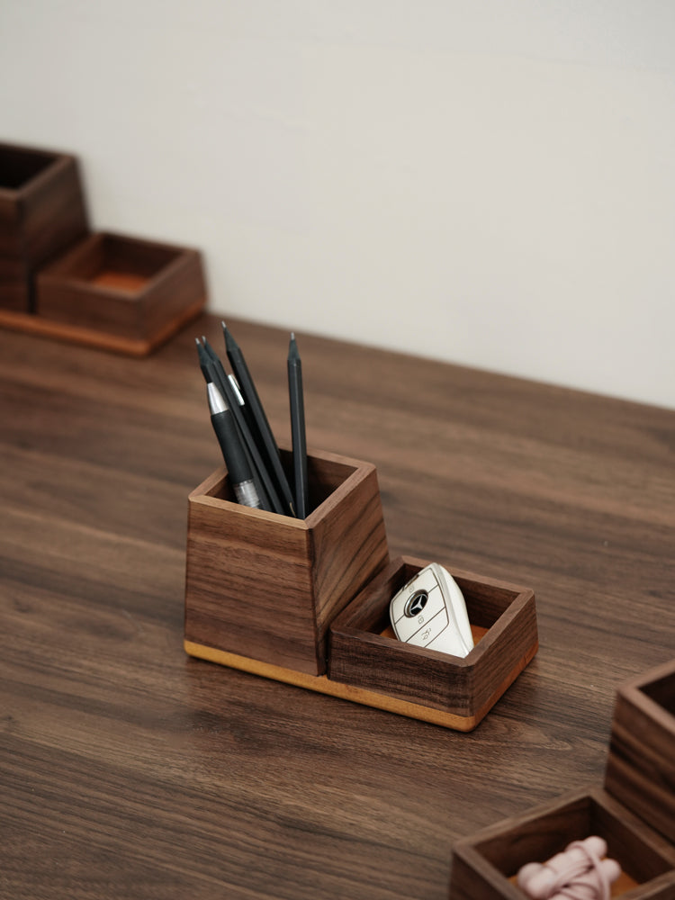 Wood Office Desk Pen Holder, Paper Clips, Business Cards Storage,Black Walnut