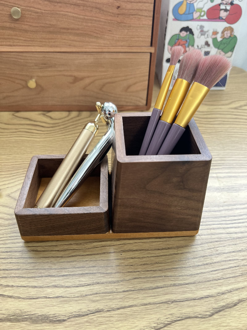 Wood Office Desk Pen Holder, Paper Clips, Business Cards Storage,Black Walnut