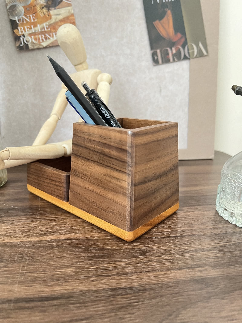 Wood Office Desk Pen Holder, Paper Clips, Business Cards Storage,Black Walnut