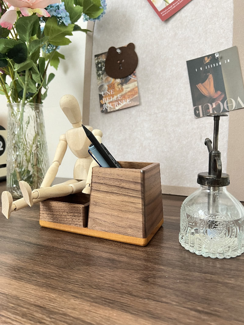 Wood Office Desk Pen Holder, Paper Clips, Business Cards Storage,Black Walnut