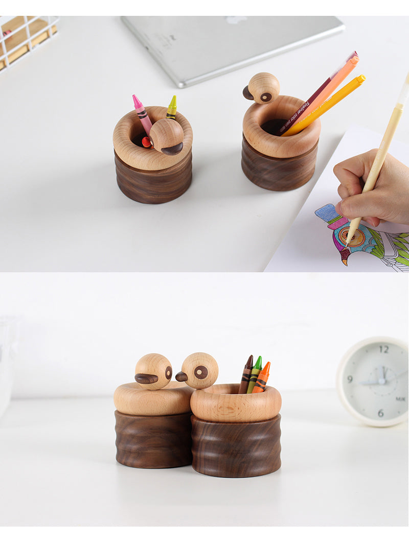 Wooden Abstract Duck Round Pen Holder, Office Organization, Personalized Gift