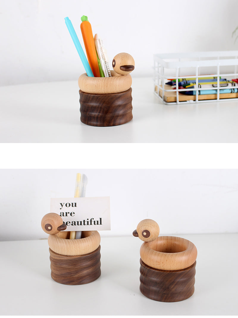 Wooden Abstract Duck Round Pen Holder, Office Organization, Personalized Gift