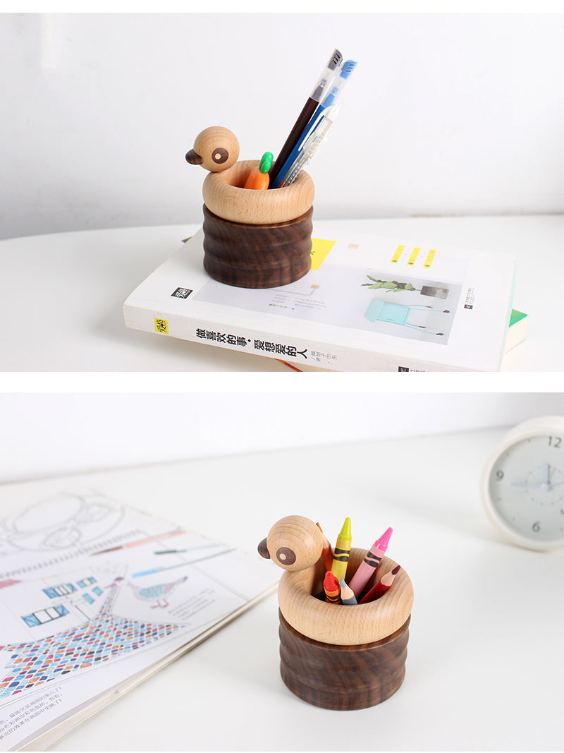 Wooden Abstract Duck Round Pen Holder, Office Organization, Personalized Gift