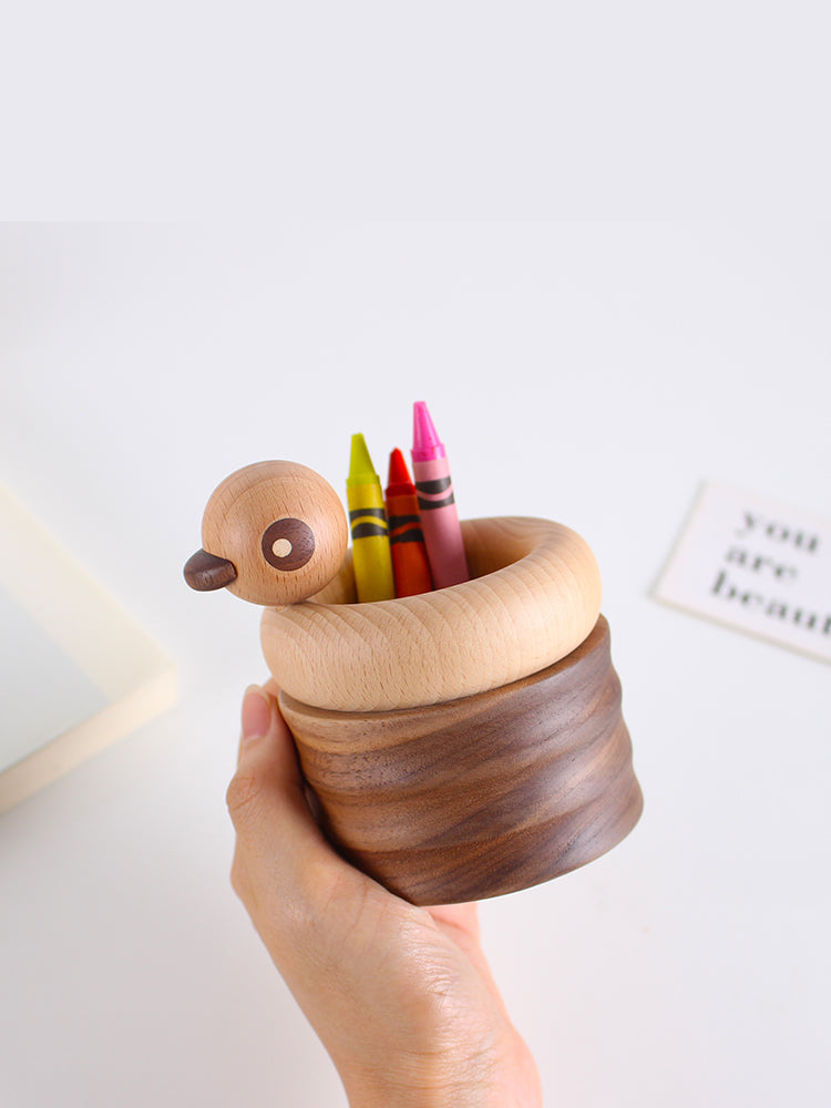 Wooden Abstract Duck Round Pen Holder, Office Organization, Personalized Gift