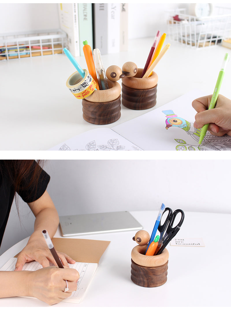 Wooden Abstract Duck Round Pen Holder, Office Organization, Personalized Gift