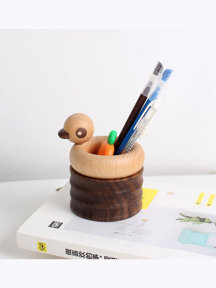 Wooden Abstract Duck Round Pen Holder, Office Organization, Personalized Gift