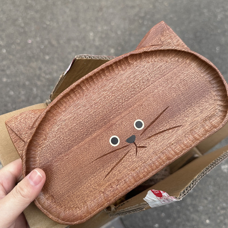 Wooden Big-Faced Cat Storage Tray, Jewelry, Glasses Organization