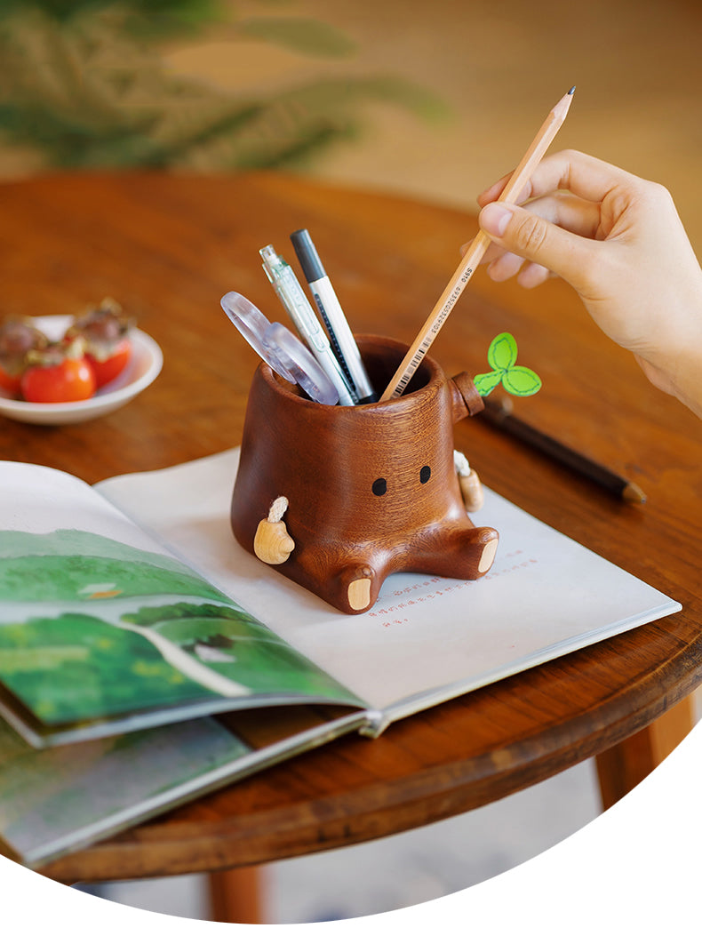 Wooden Cute Doll Organize Pen Holder, Creative Office Study Gift