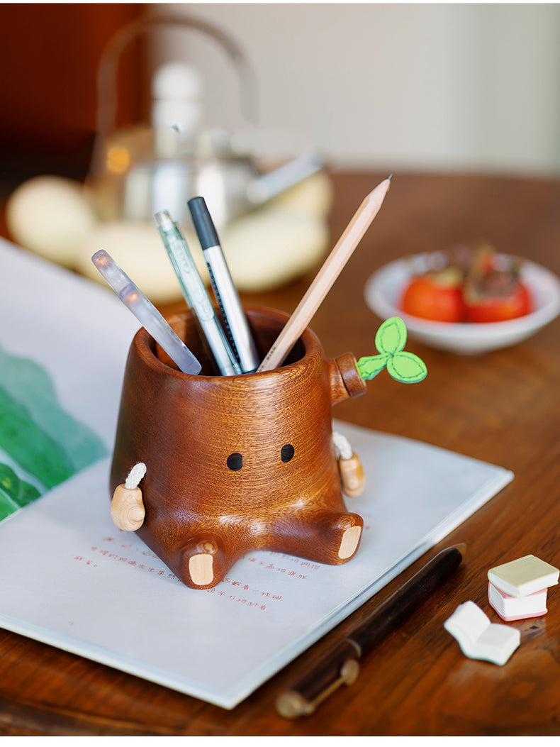 Wooden Cute Doll Organize Pen Holder, Creative Office Study Gift