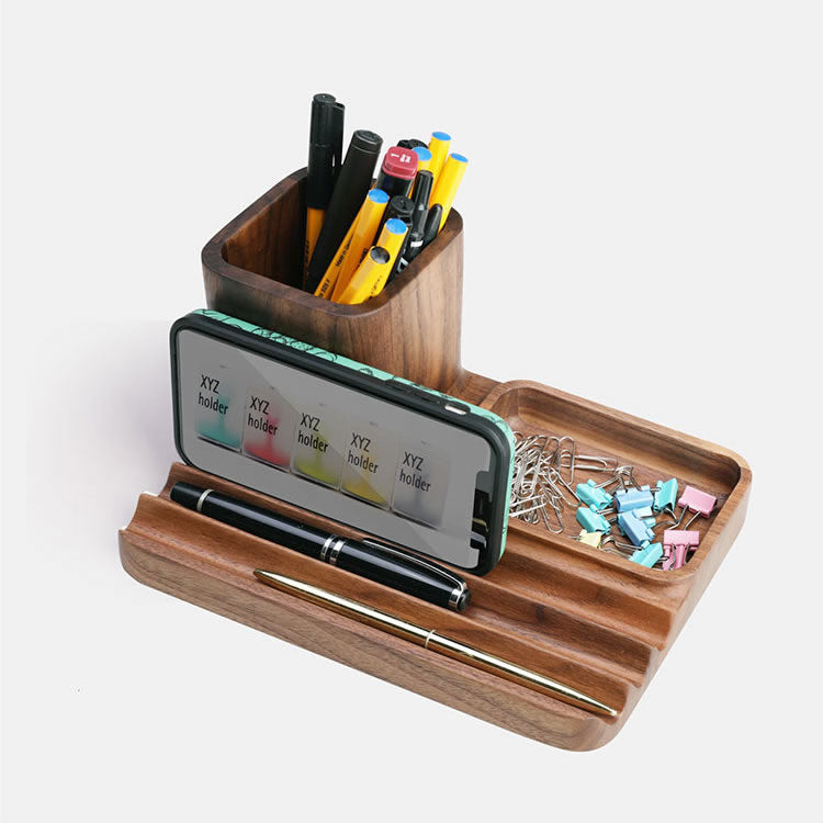 Wooden Office Pen Holder Storage Tray, Multifunctional Desktop Organization