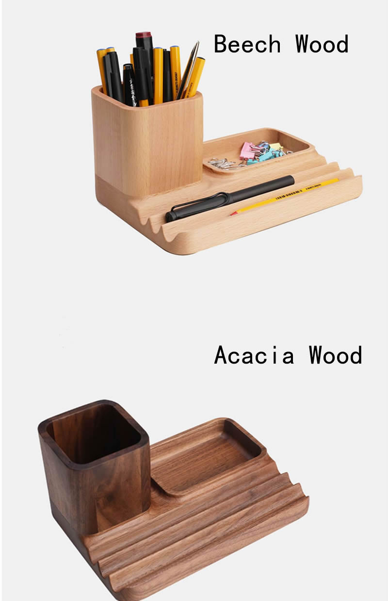 Wooden Office Pen Holder Storage Tray, Multifunctional Desktop Organization