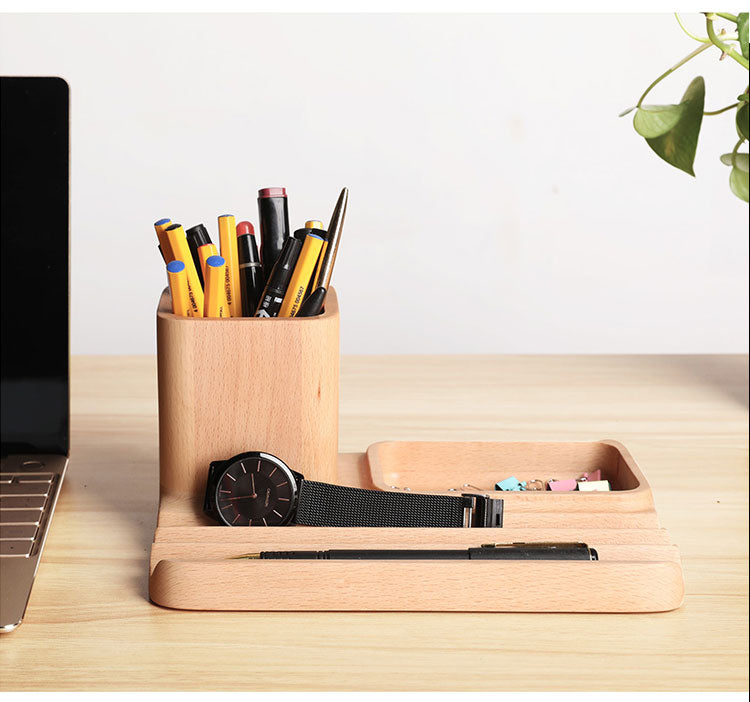 Wooden Office Pen Holder Storage Tray, Multifunctional Desktop Organization