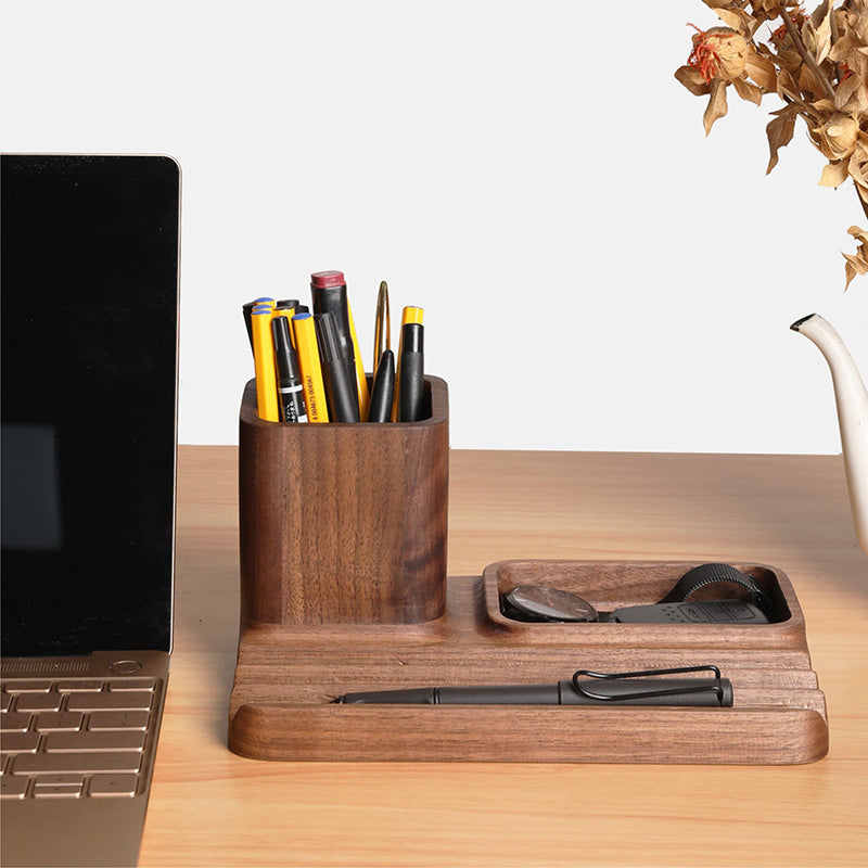 Wooden Office Pen Holder Storage Tray, Multifunctional Desktop Organization