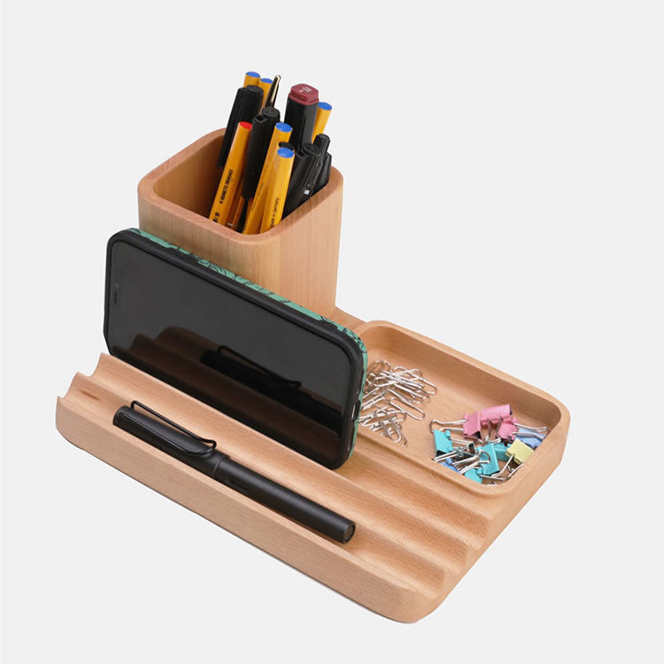 Wooden Office Pen Holder Storage Tray, Multifunctional Desktop Organization