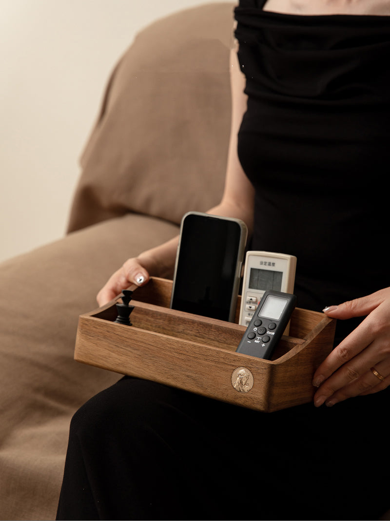 Wooden Desktop Organizer: Stylish Storage Solution for Remotes, Phones, and Glasses