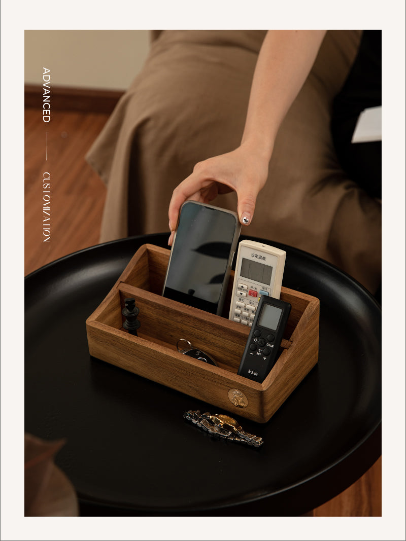 Wooden Desktop Organizer: Stylish Storage Solution for Remotes, Phones, and Glasses