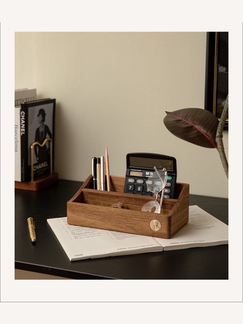 Wooden Desktop Organizer: Stylish Storage Solution for Remotes, Phones, and Glasses