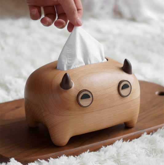 Wooden Double-Horned Monster Tissue Box, Fun Desktop Decoration