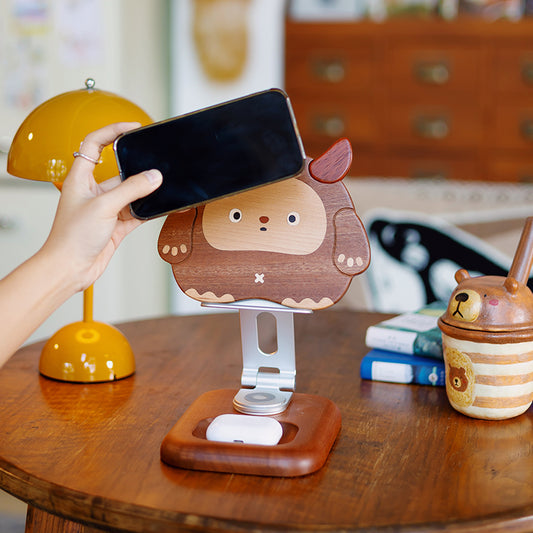 Wooden Double-Horned Monster Folding Phone Stand