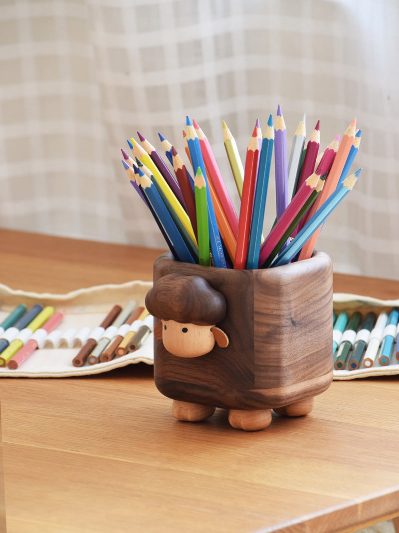 Wooden Little Sheep Pen Holder, Small Storage For Office And Study, Creative Gift