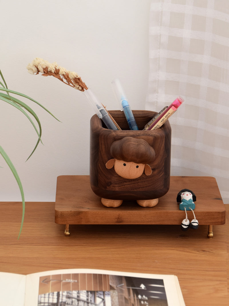 Wooden Little Sheep Pen Holder, Small Storage For Office And Study, Creative Gift