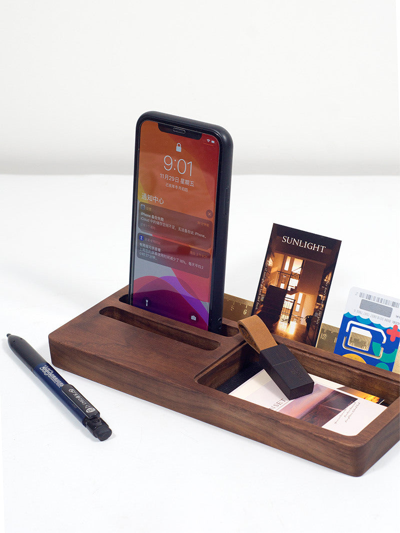 Wooden Office Stationery Storage Box, Phone Holder, Business Card Holder