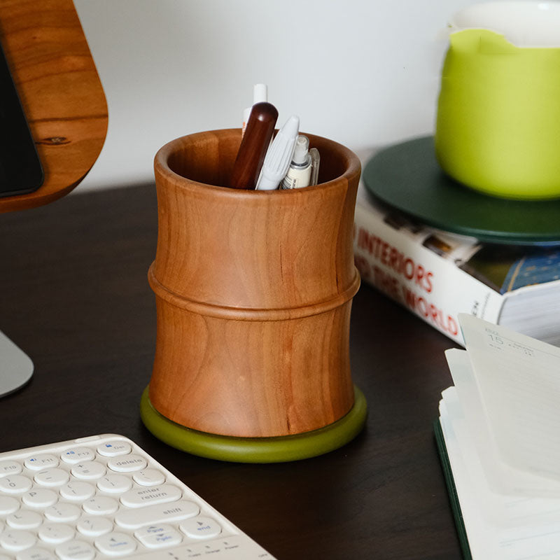 Wooden Pen Holder Imitating The Shape Of Bamboo Knots, For Desk Organization Storage