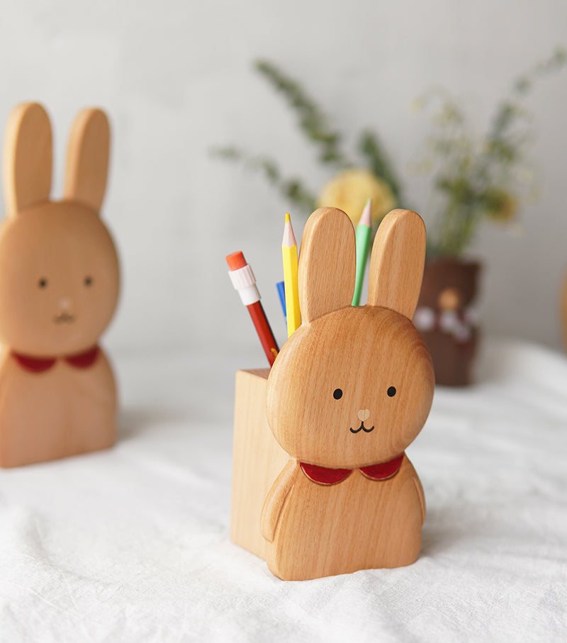 Wooden Rabbit Pen Holder, Office Desk Stationery Organizer