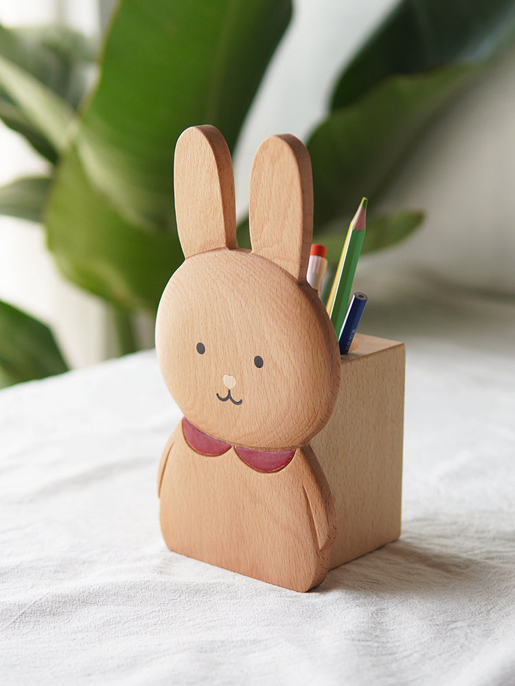 Wooden Rabbit Pen Holder, Office Desk Stationery Organizer