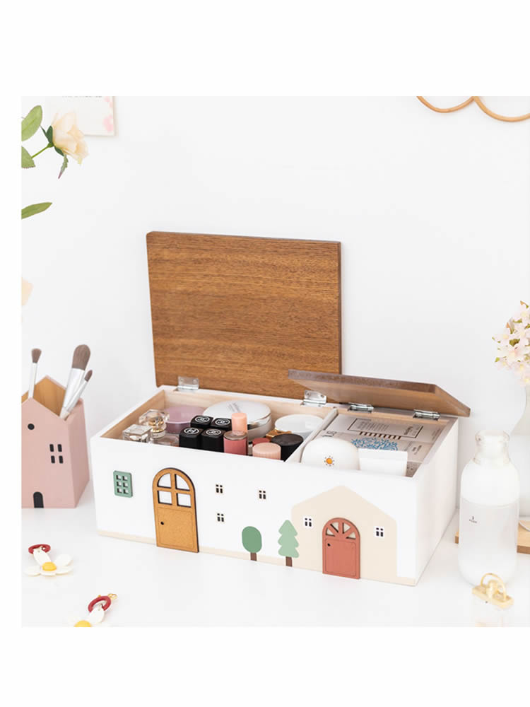 Wooden Small House-Shaped Storage Box, Desktop Decoration Organization