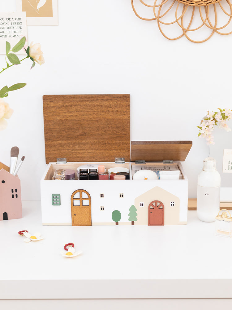 Wooden Small House-Shaped Storage Box, Desktop Decoration Organization