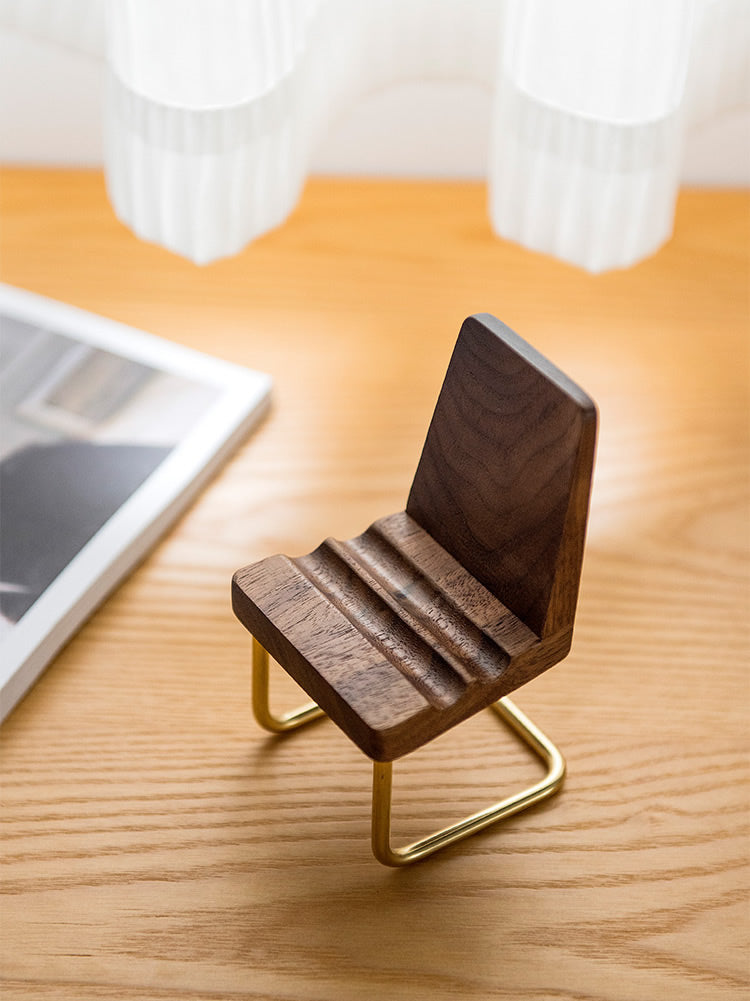 Wooden Small Stool Phone Holder, Black Walnut Brass Design, Creative Small Gift