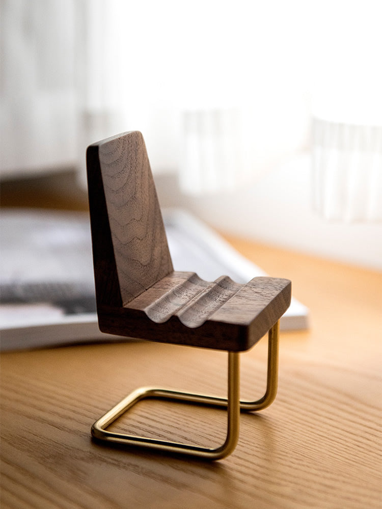 Wooden Small Stool Phone Holder, Black Walnut Brass Design, Creative Small Gift