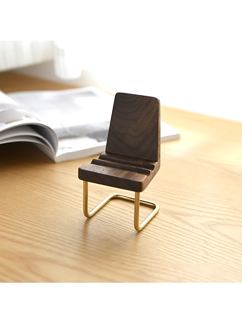 Wooden Small Stool Phone Holder, Black Walnut Brass Design, Creative Small Gift