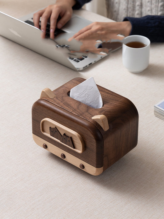 Wooden Tissue Box With Two Cute Cats, Black Walnut Design