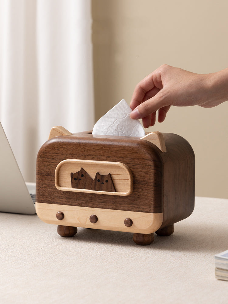 Wooden Tissue Box With Two Cute Cats, Black Walnut Design