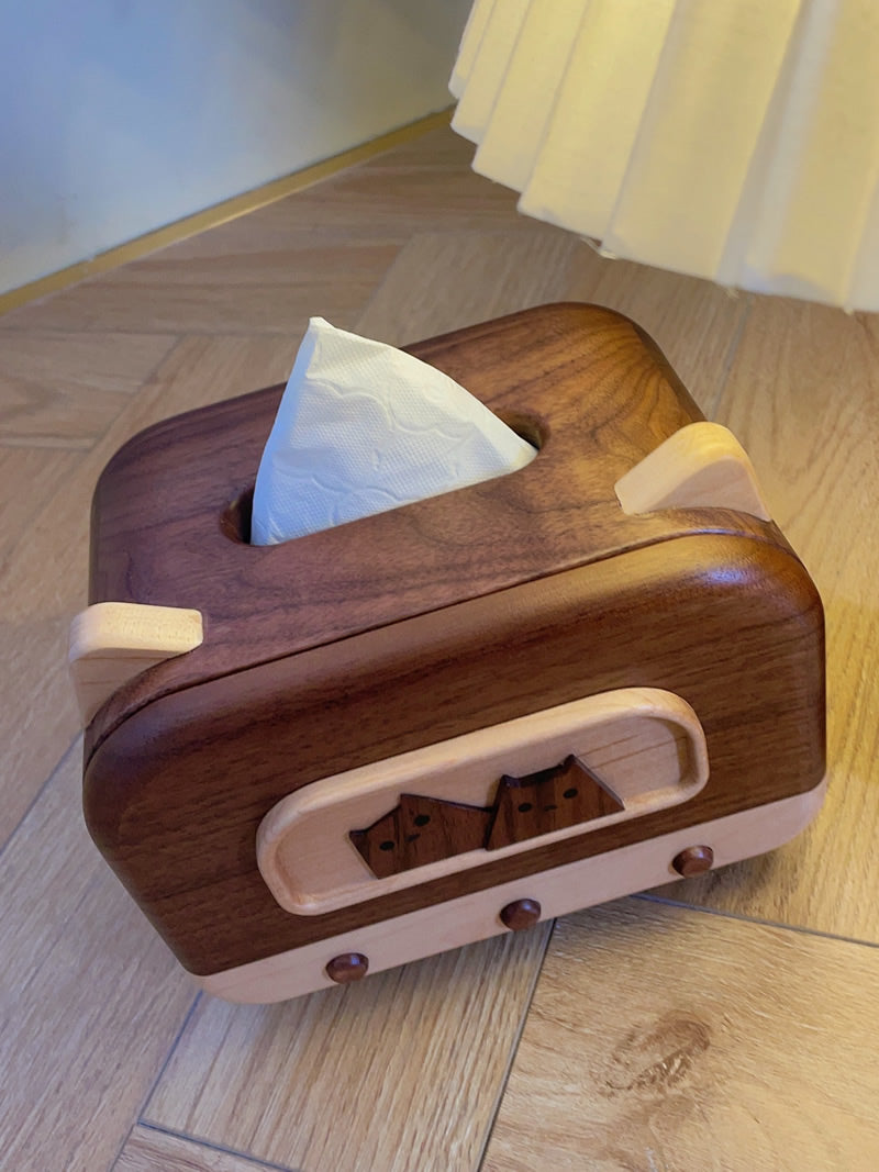 Wooden Tissue Box With Two Cute Cats, Black Walnut Design