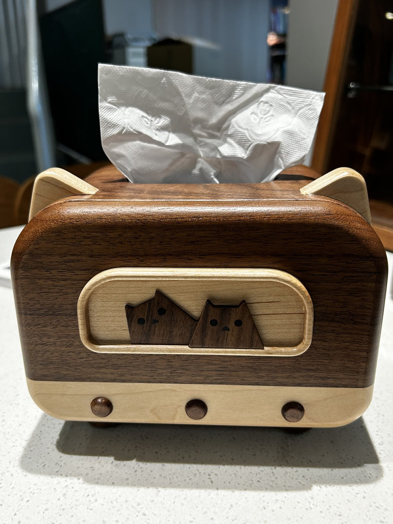 Wooden Tissue Box With Two Cute Cats, Black Walnut Design