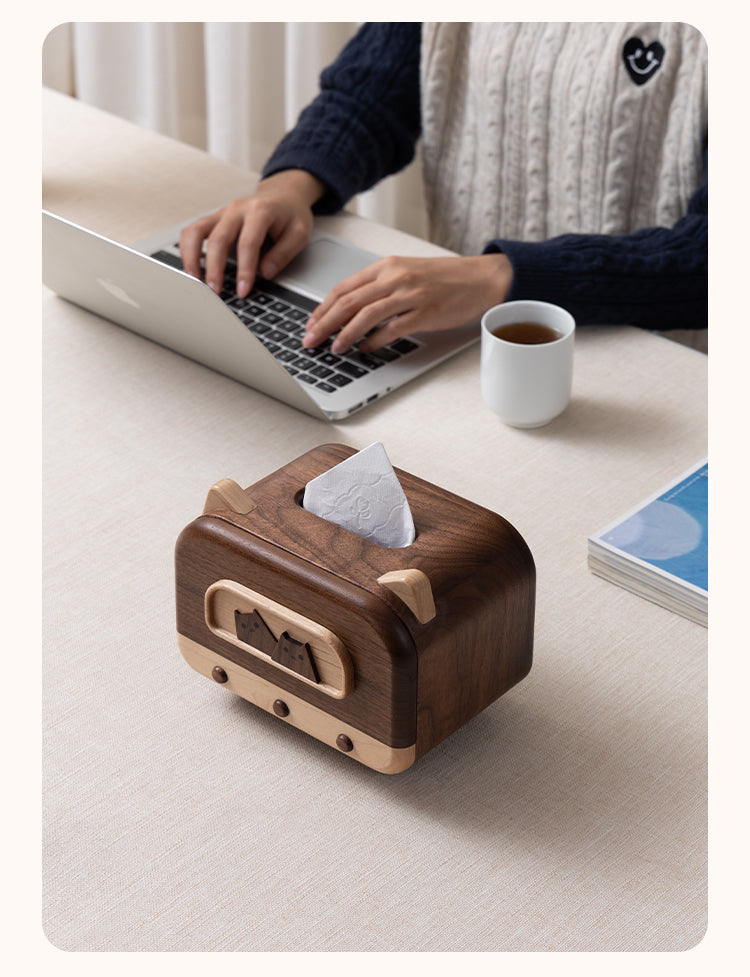 Wooden Tissue Box With Two Cute Cats, Black Walnut Design