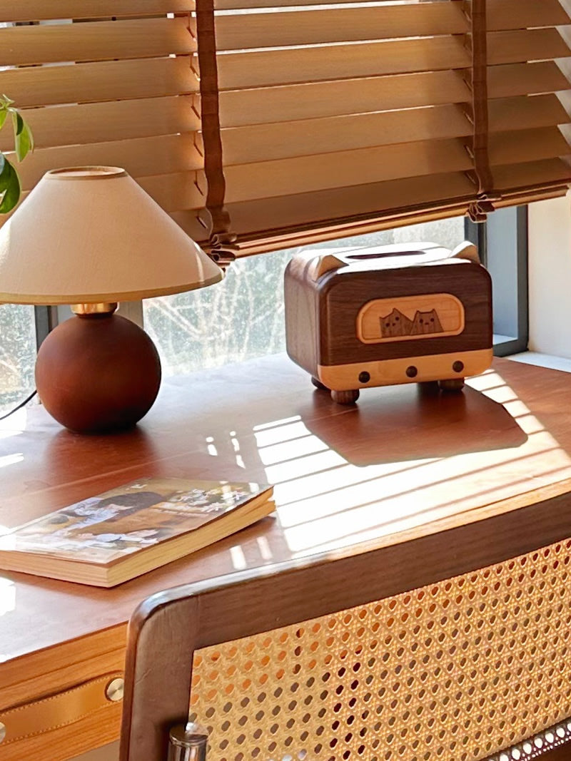 Wooden Tissue Box With Two Cute Cats, Black Walnut Design