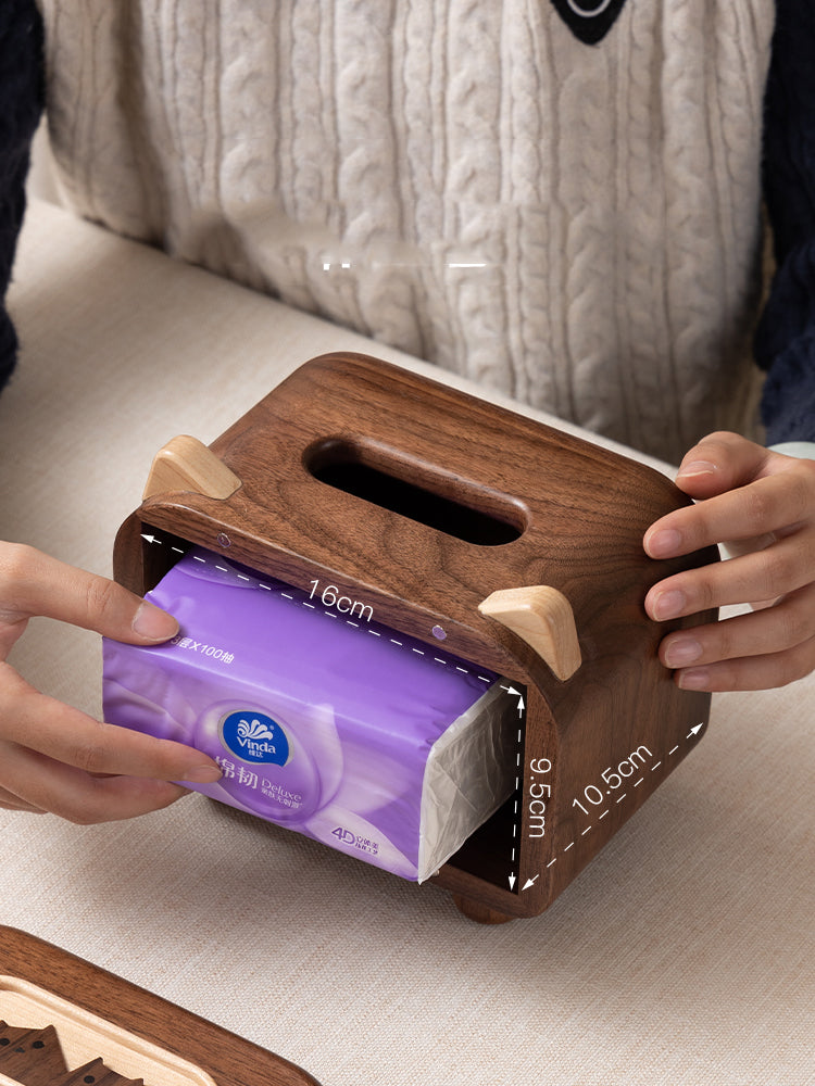 Wooden Tissue Box With Two Cute Cats, Black Walnut Design