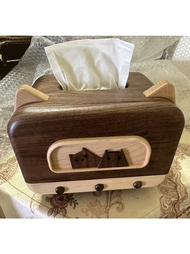 Wooden Tissue Box With Two Cute Cats, Black Walnut Design