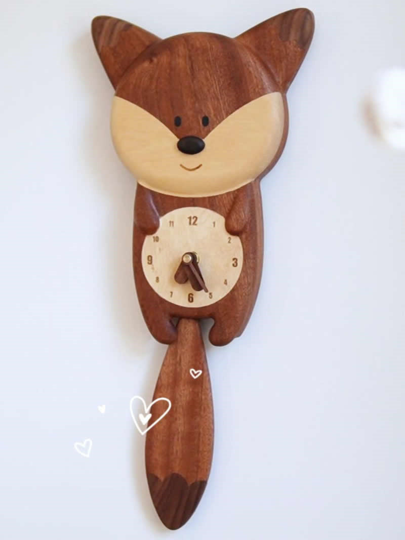 Wooden wagging tail fox wall clock, children's gift, room decoration