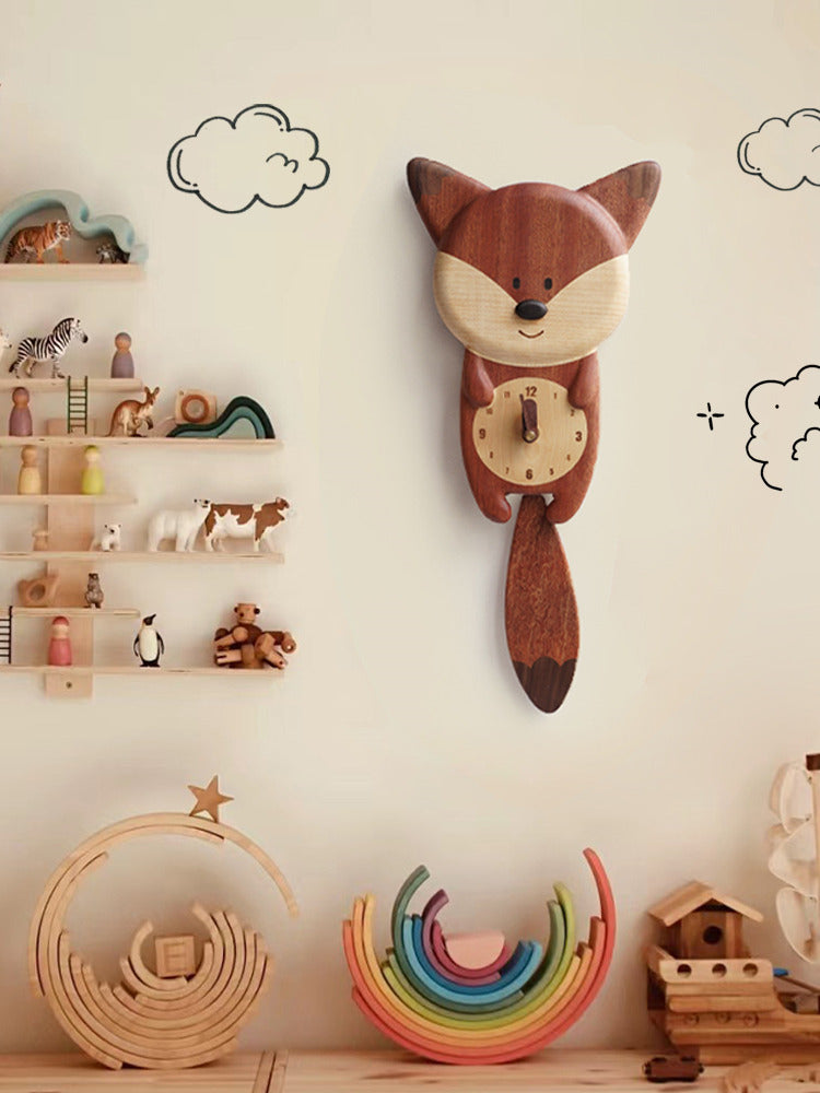 Wooden wagging tail fox wall clock, children's gift, room decoration